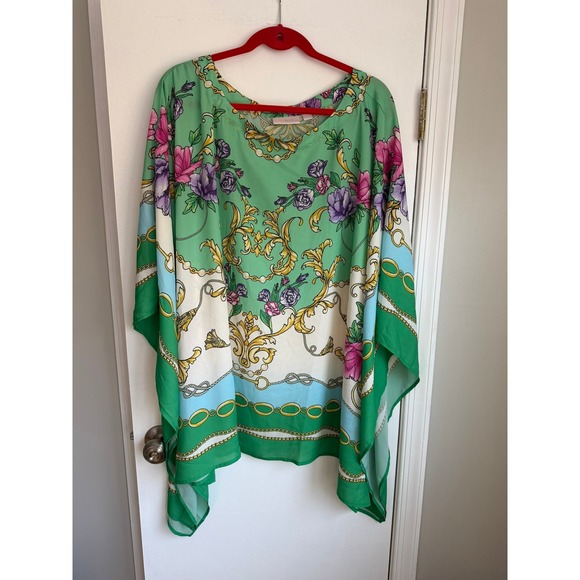 Belle by Kim Gravel Tops - Belle by Kim Gravel Green Floral Scarf Print Kaftan Poncho Top 4X A636809